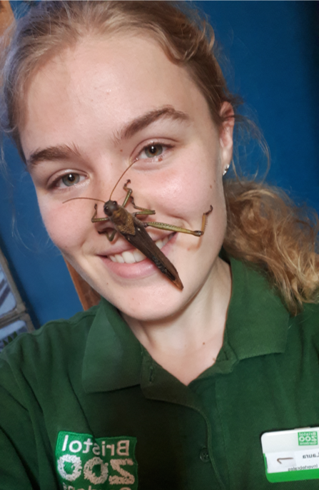 A young woman looks directly into the camera smiling with a large bug on her face