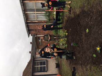 Young people digging and planting