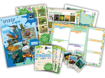 A mock up of the 30 Days Wild 2026 kids printed pack including a poster, spotting sheets, planner sheet and trading cards