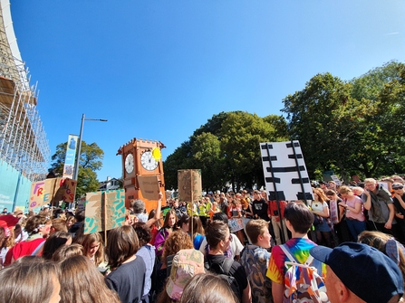 Hundreds of young people at a climate strike on a sunny day