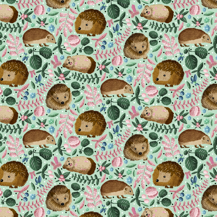 A pattern of happy hedgehogs and foliage