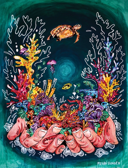 A painting of hands holding a coral reef abundant with nature