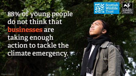 On an image of a young person stood in front of a tree looking up are the words '88% of young people do not think that businesses are taking enough action to tackle the climate emergency'