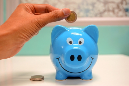 A blue smiling piggy bank with a person putting a 20p into it