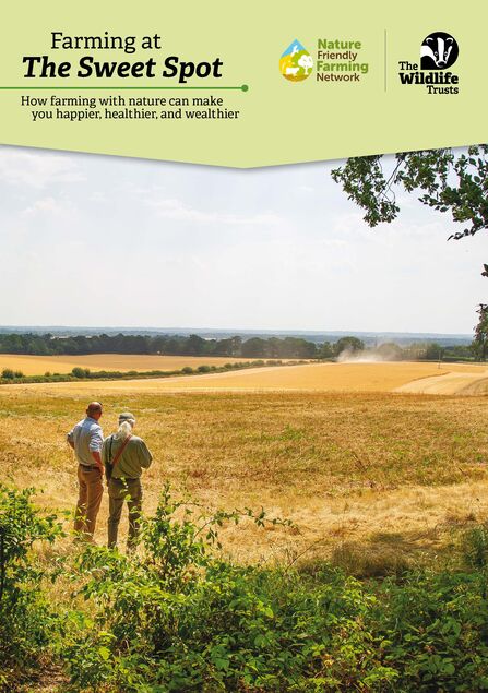 Two people stood in a farmer's field, looking out at the landscape. Text reads Farming at The Sweet Spot: how farming with nature can make your happier, healthier and wealthier