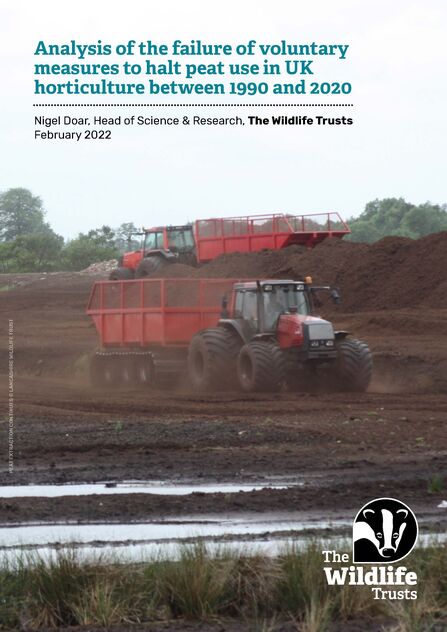 A tractor moving across peat soil. This is the front cover a report titled Analysis of the failure of voluntary measures to halt peat use in UK horticulture between 1990 and 2020