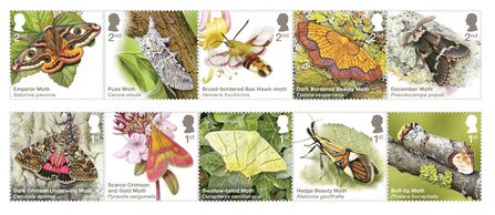 Ten beautifully illustrated stamps, featuring moths: emperor moth, puss moth, broad-bordered bee hawk-moth, dark bordered beauty moth, December moth, dark crimson underwing moth, scarce crimson and gold moth, swallow-tailed moth, hedge beauty moth, buff-tip moth
