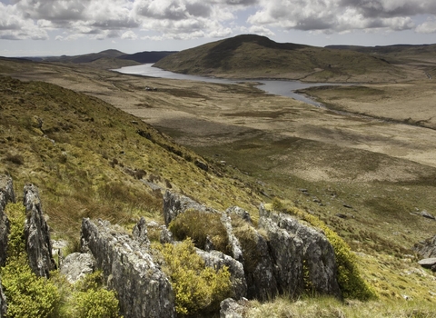 View over upland landscape of Pumlumon Living Landscape project, Cambrian mountains, Wales. -